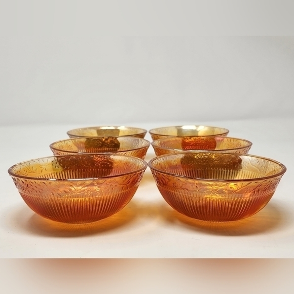 Vintage Carnival Glass Iridescent Marigold Bowls Ribbed/Starburst Set Of 6